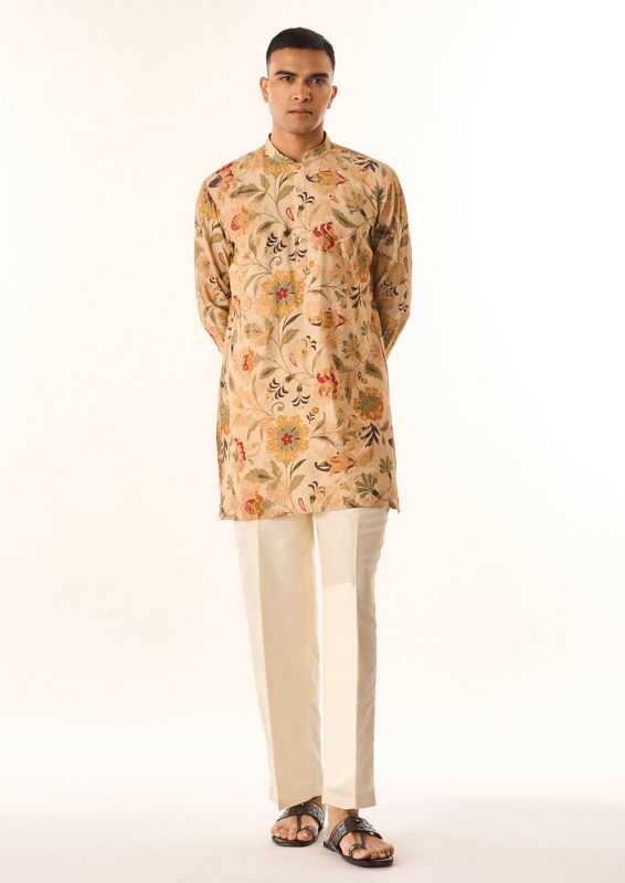 Twamev Men Beige Silk Kurta Jacket Set with Embroidery