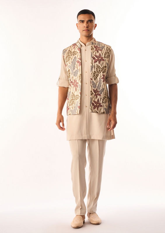 Twamev Men Beige Crepe Kurta Jacket Set with Embroidery
