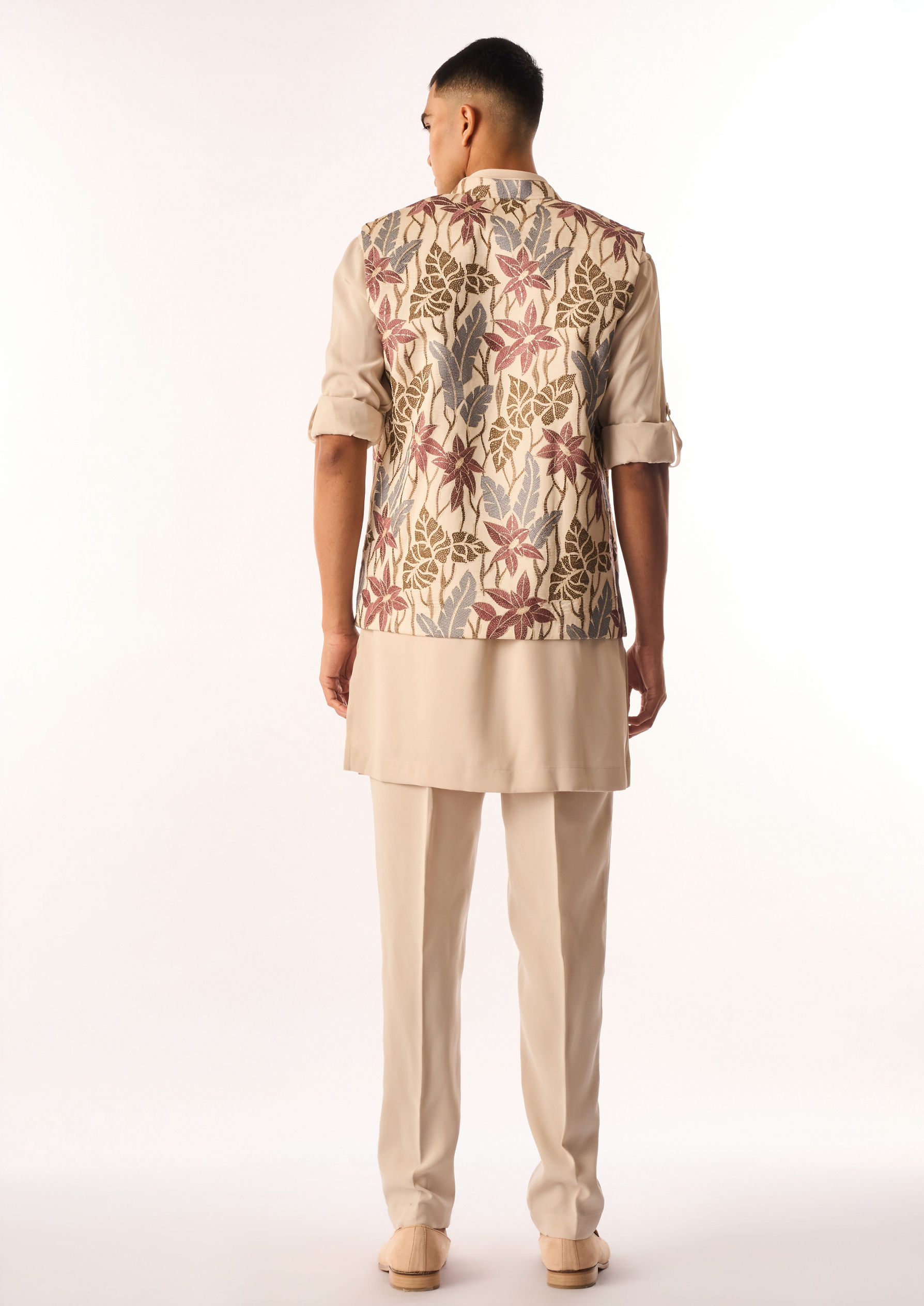 Twamev Men Beige Crepe Kurta Jacket Set with Embroidery