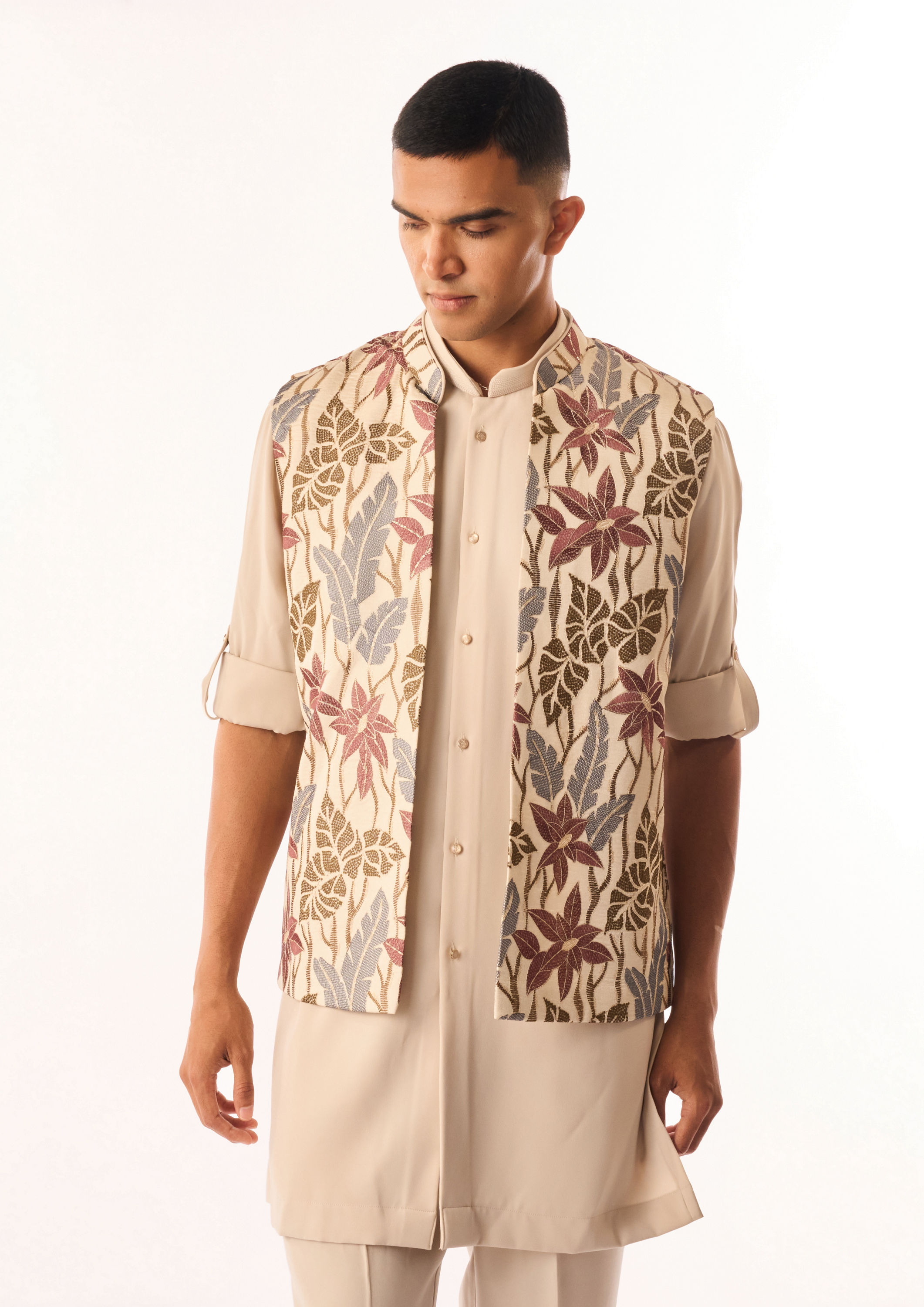 Twamev Men Beige Crepe Kurta Jacket Set with Embroidery