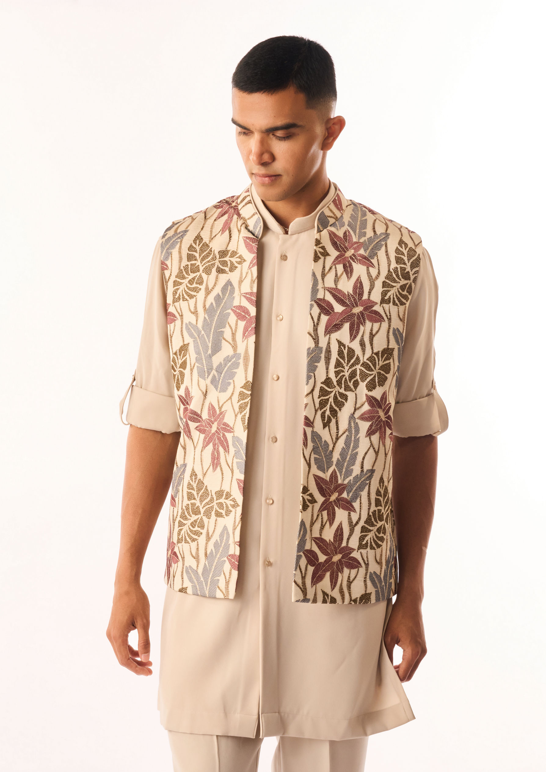Twamev Men Beige Crepe Kurta Jacket Set with Embroidery