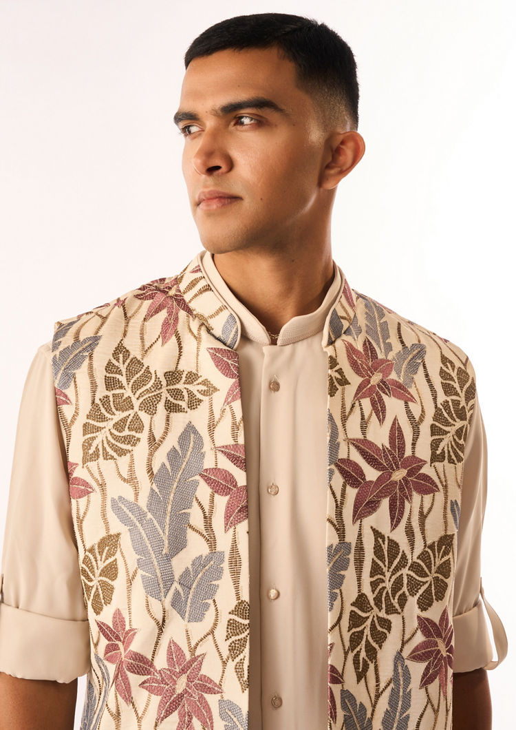 Twamev Men Beige Crepe Kurta Jacket Set with Embroidery