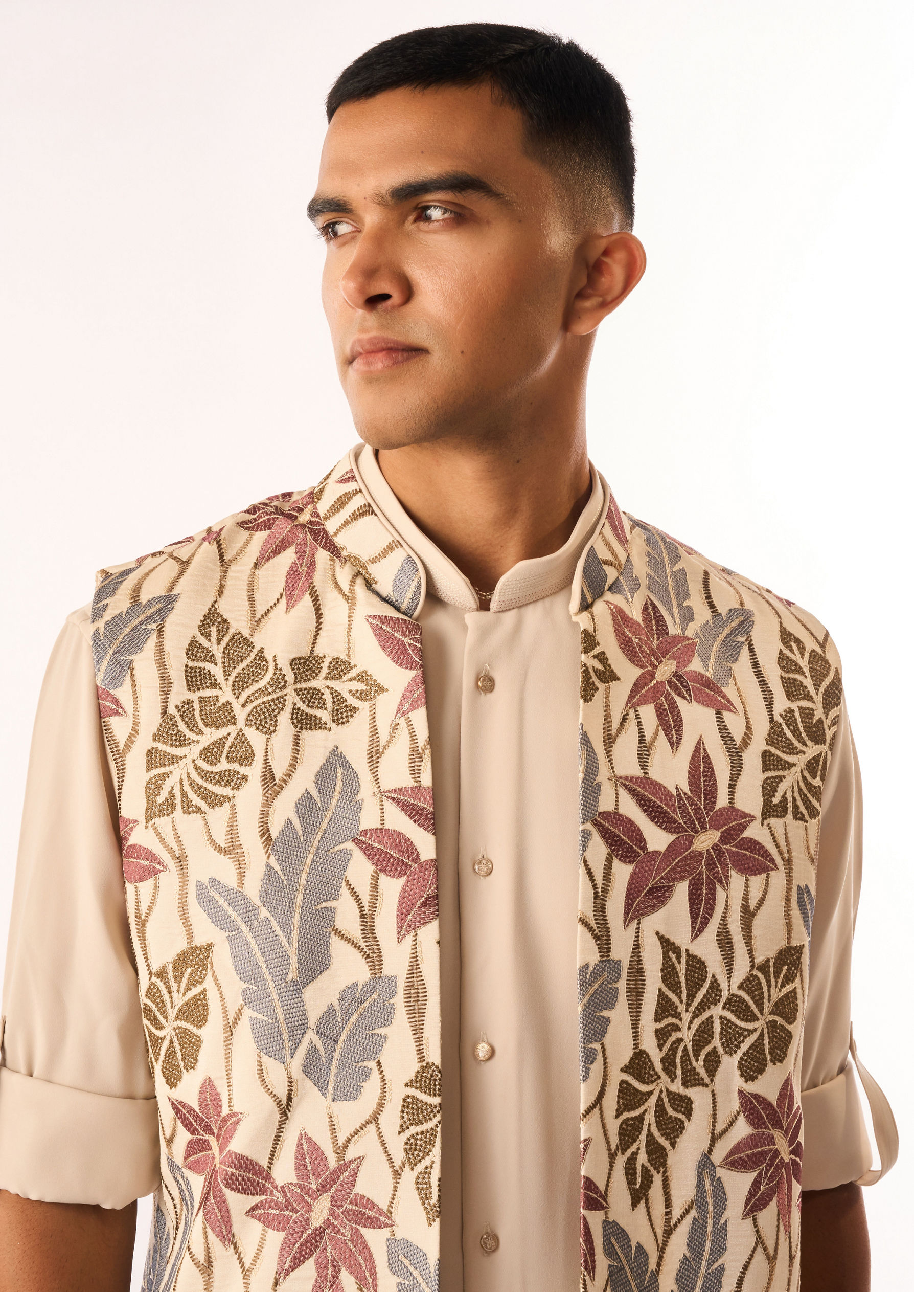 Twamev Men Beige Crepe Kurta Jacket Set with Embroidery