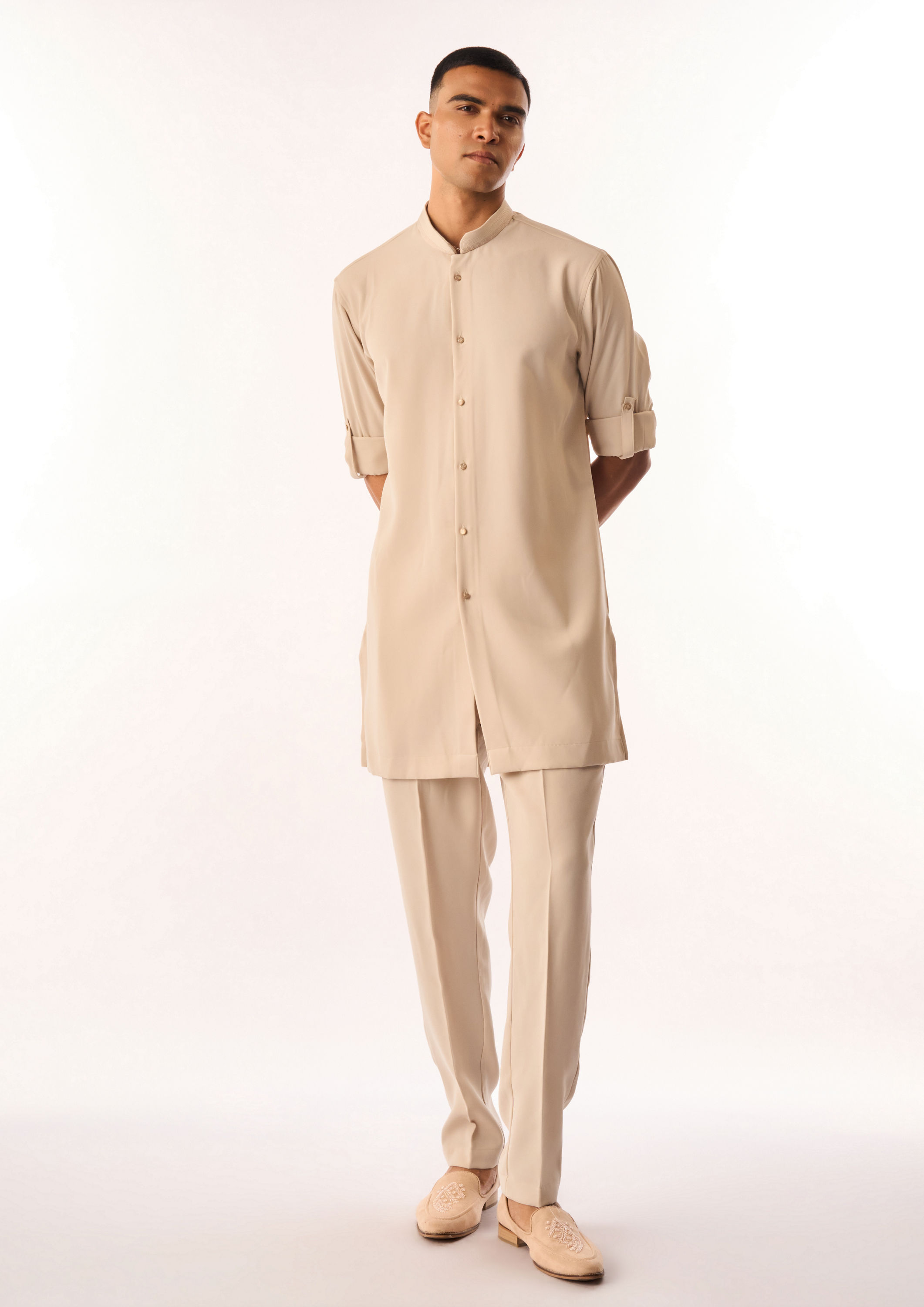 Twamev Men Beige Crepe Kurta Jacket Set with Embroidery