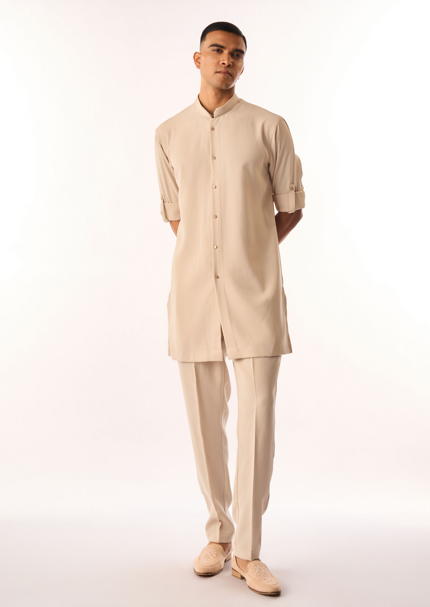Twamev Men Beige Crepe Kurta Jacket Set with Embroidery