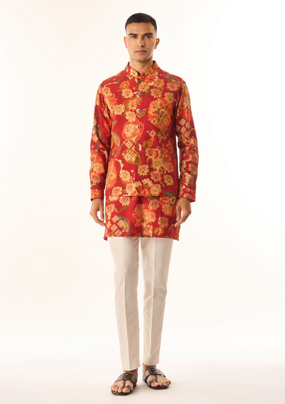 Twamev Men Rust Silk Kurta Jacket Set with Floral Print