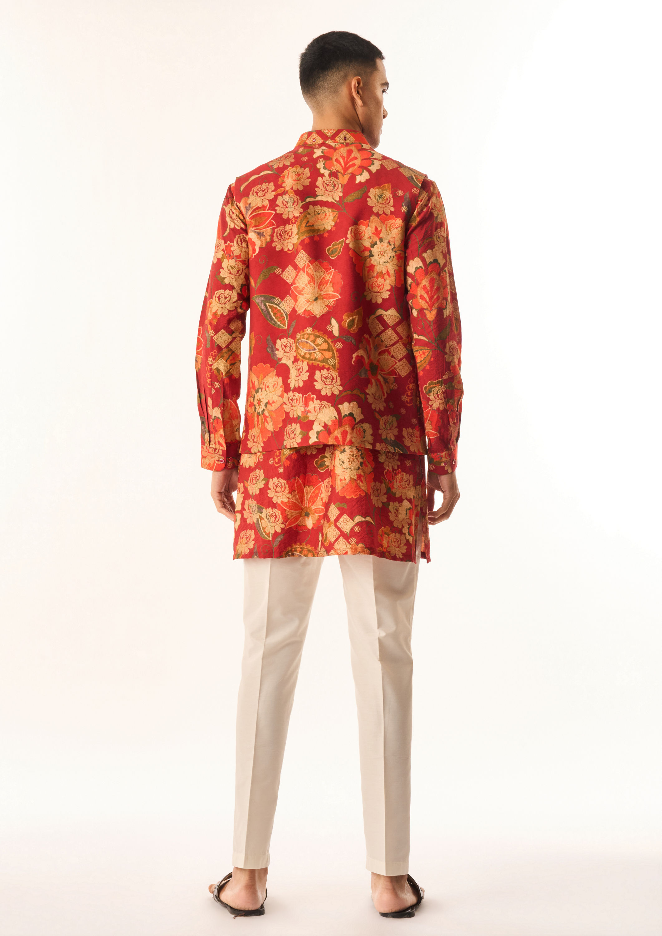 Twamev Men Rust Silk Kurta Jacket Set with Floral Print