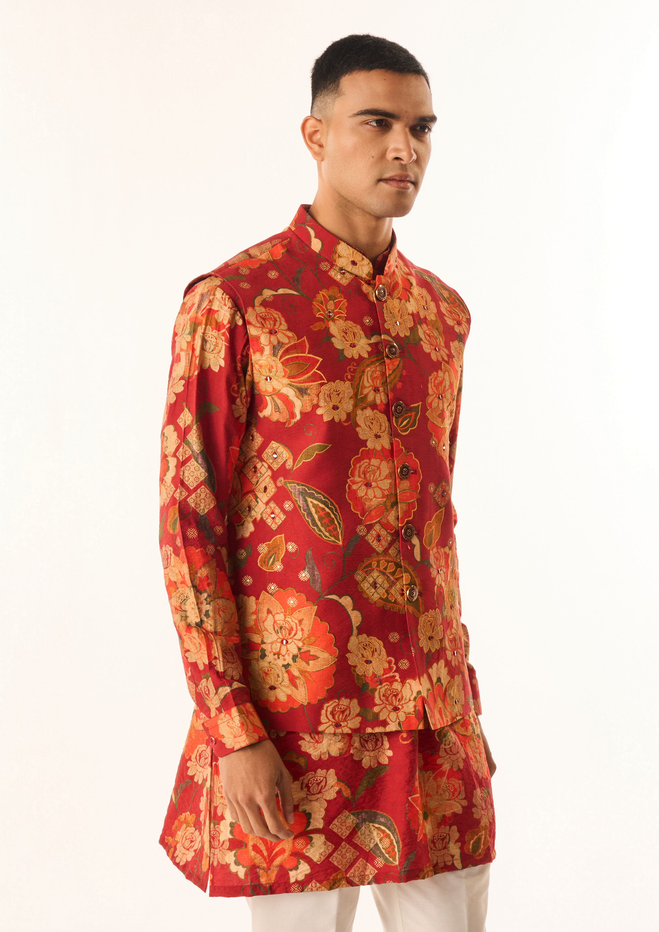 Twamev Men Rust Silk Kurta Jacket Set with Floral Print