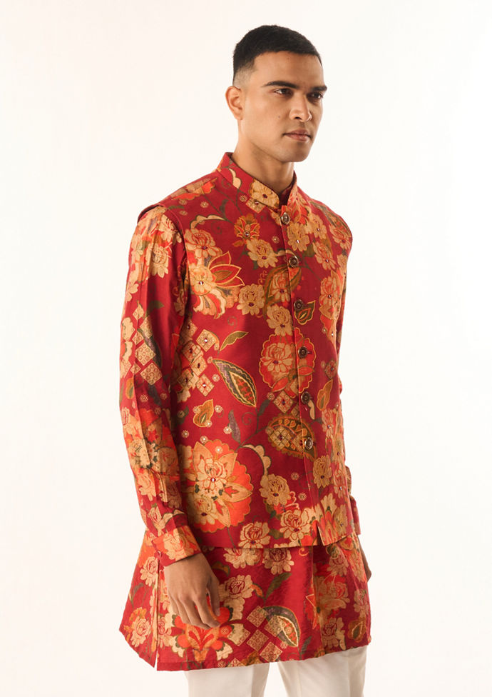 Twamev Men Rust Silk Kurta Jacket Set with Floral Print
