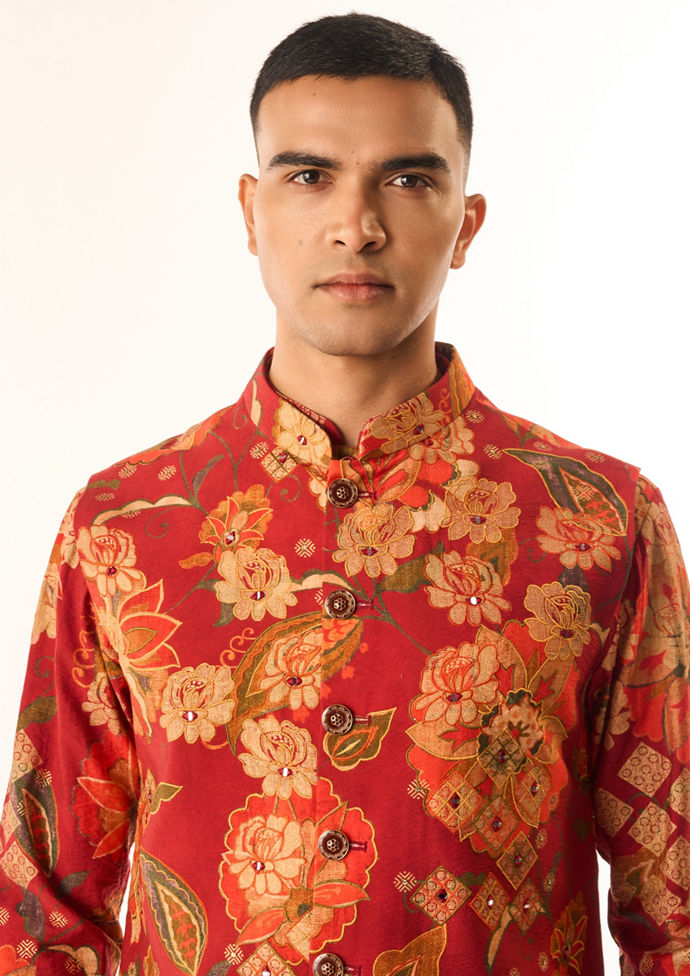 Twamev Men Rust Silk Kurta Jacket Set with Floral Print