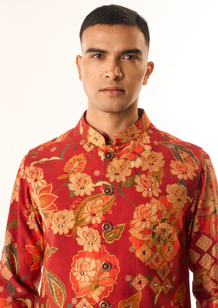 Twamev Men Rust Silk Kurta Jacket Set with Floral Print