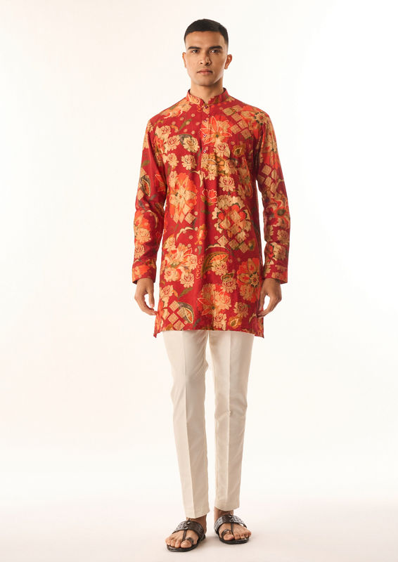 Twamev Men Rust Silk Kurta Jacket Set with Floral Print