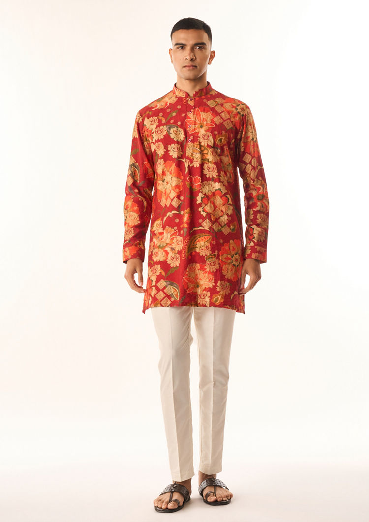 Twamev Men Rust Silk Kurta Jacket Set with Floral Print