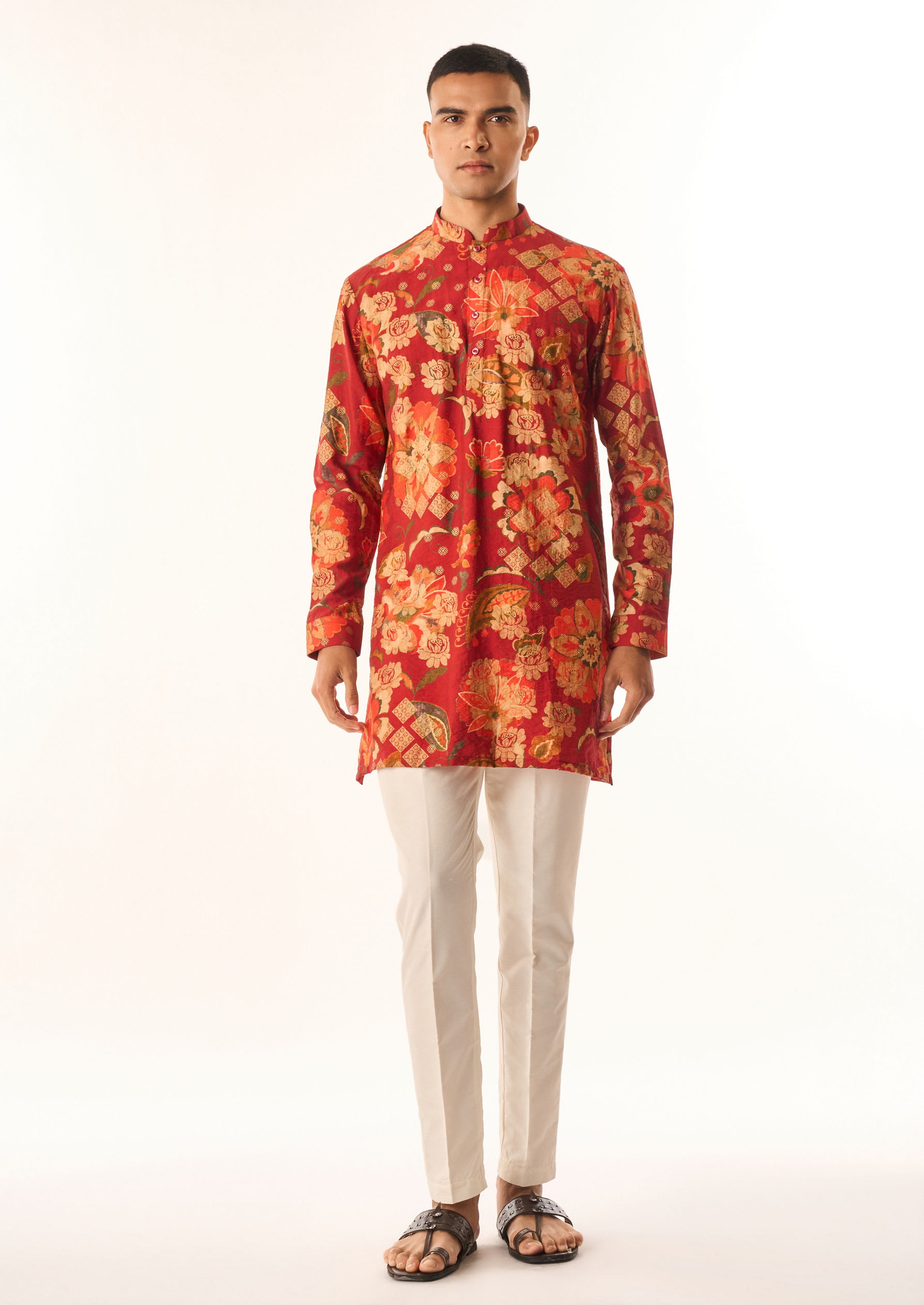 Twamev Men Rust Silk Kurta Jacket Set with Floral Print