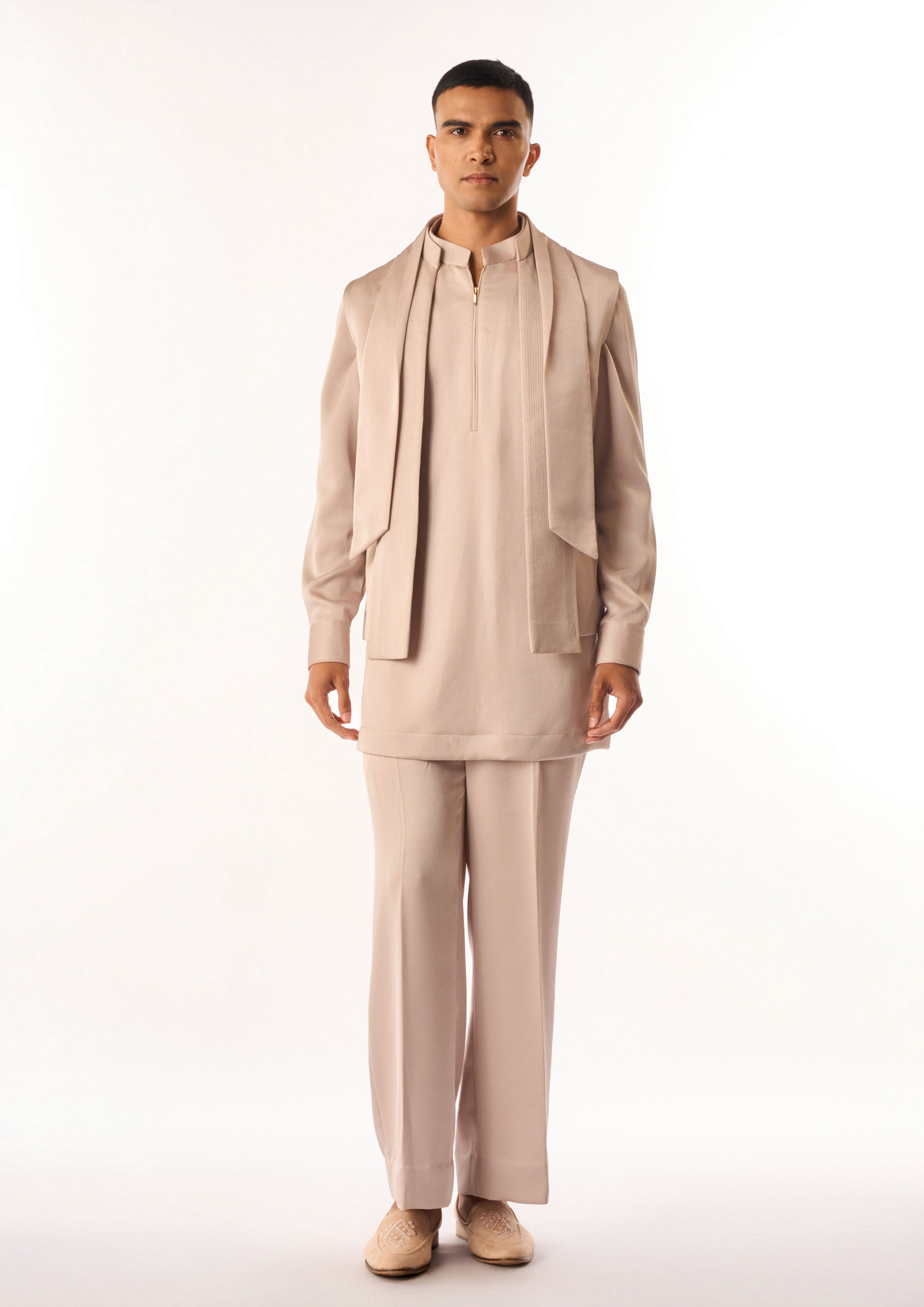 Twamev Men Fawn Rayon Kurta Jacket Set with Zipper Detail