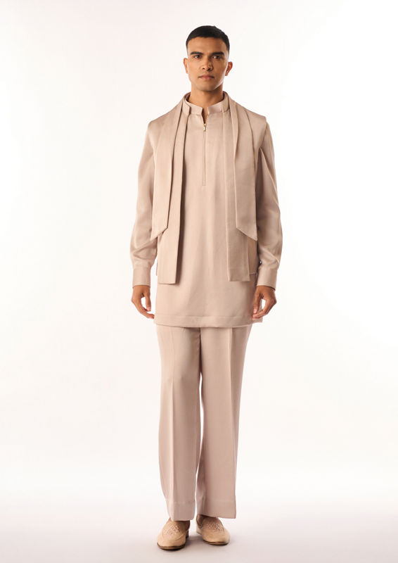 Twamev Men Fawn Rayon Kurta Jacket Set with Zipper Detail