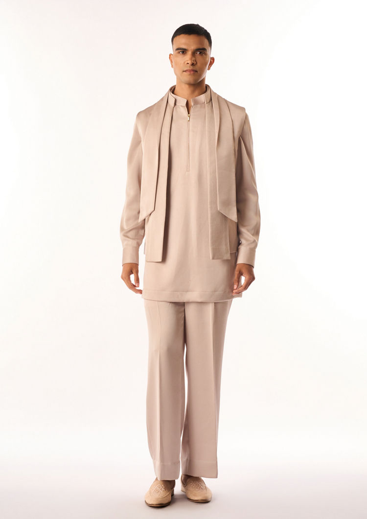 Twamev Men Fawn Rayon Kurta Jacket Set with Zipper Detail