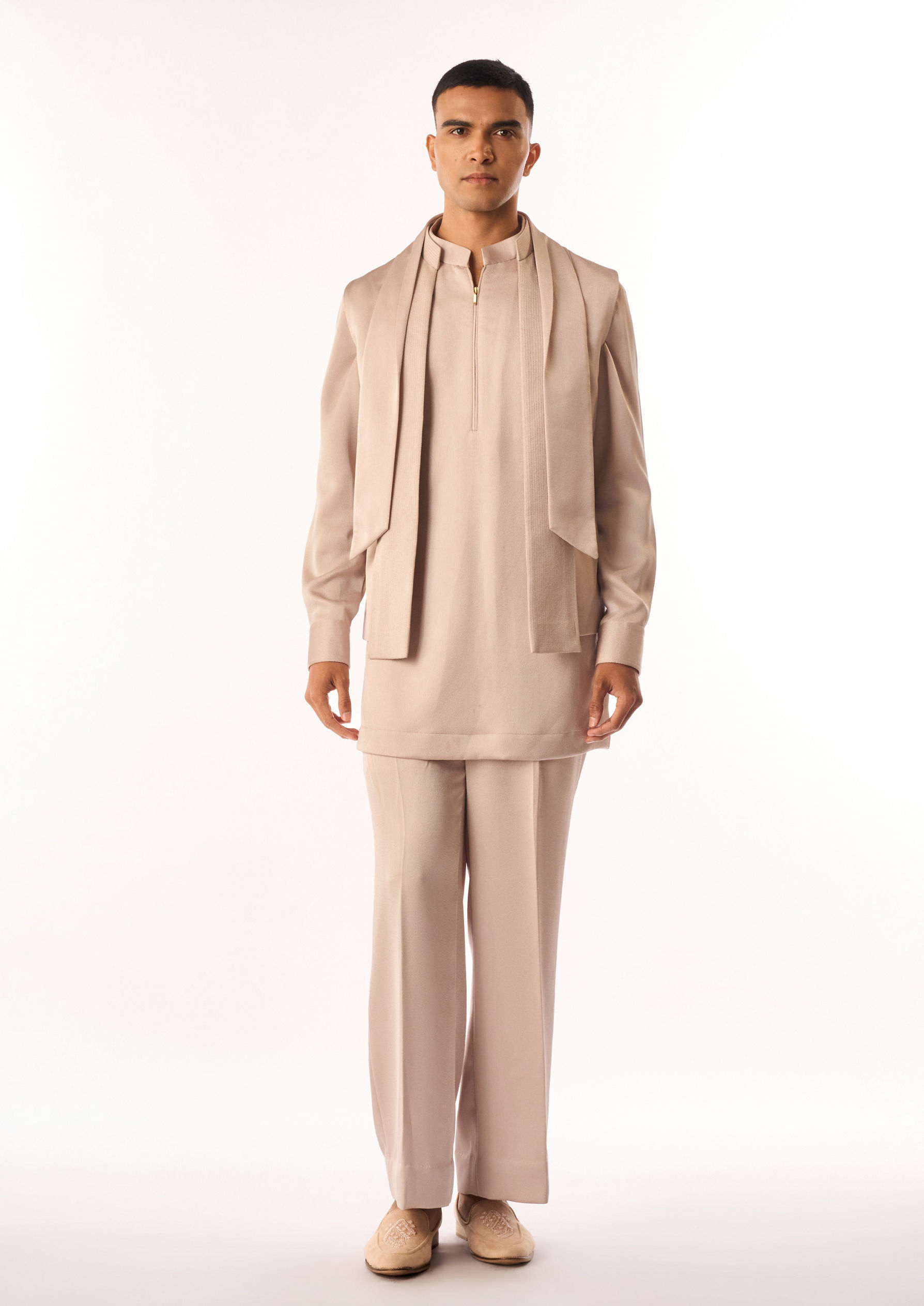 Twamev Men Fawn Rayon Kurta Jacket Set with Zipper Detail