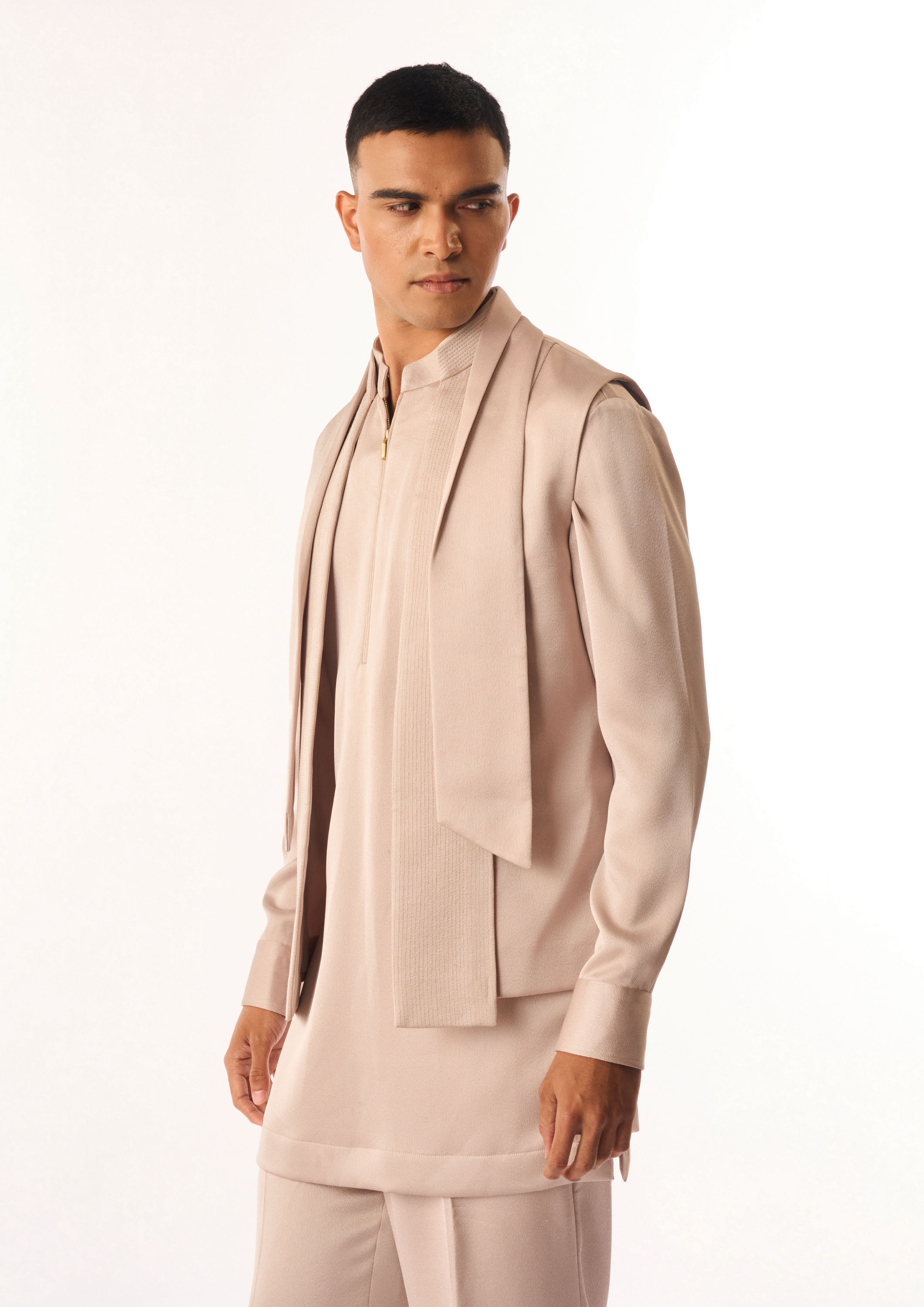 Twamev Men Fawn Rayon Kurta Jacket Set with Zipper Detail