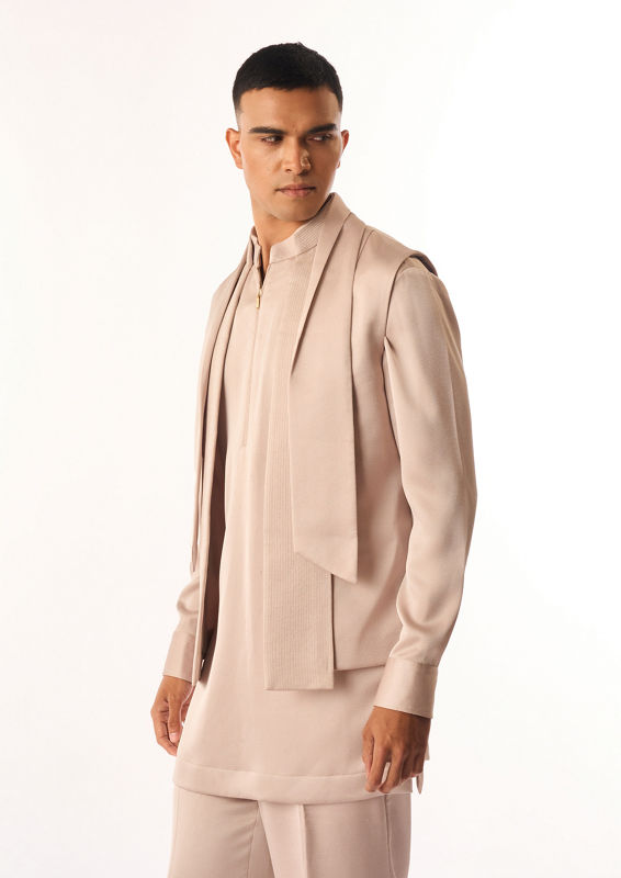 Twamev Men Fawn Rayon Kurta Jacket Set with Zipper Detail