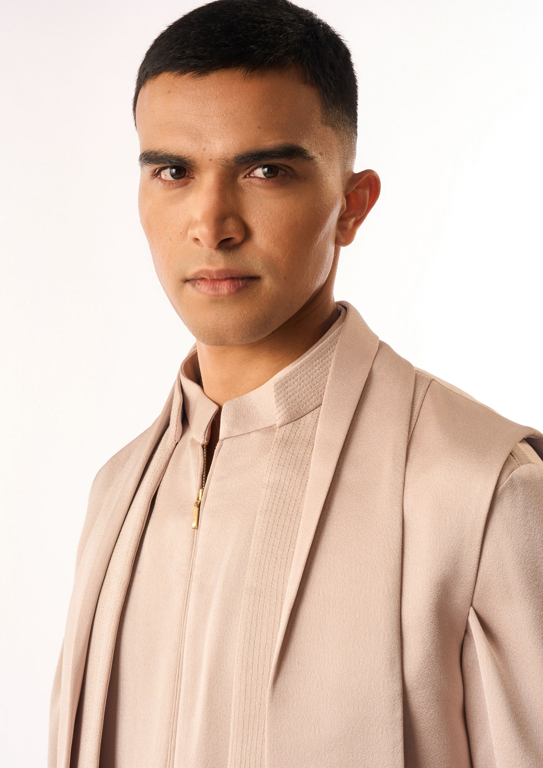 Twamev Men Fawn Rayon Kurta Jacket Set with Zipper Detail