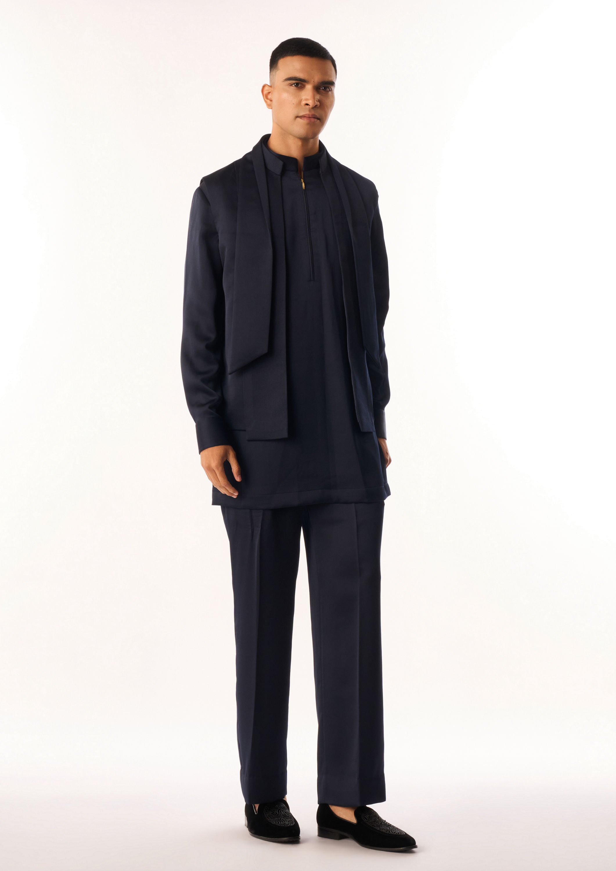 Twamev Men Dark Blue Rayon Kurta Jacket Set with Pants