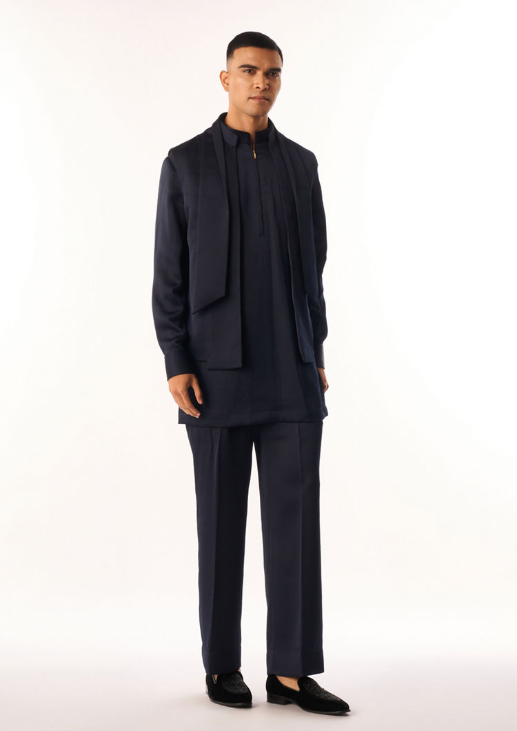Twamev Men Dark Blue Rayon Kurta Jacket Set with Pants