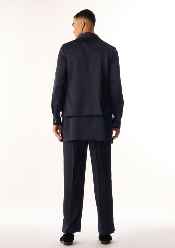 Twamev Men Dark Blue Rayon Kurta Jacket Set with Pants