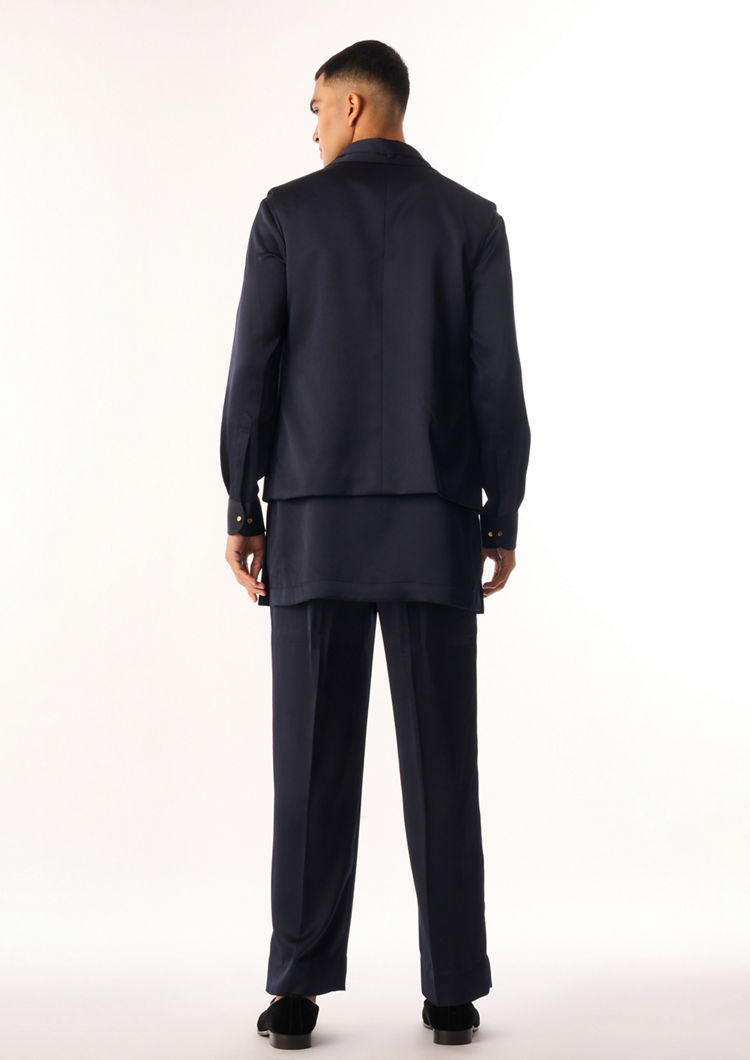 Twamev Men Dark Blue Rayon Kurta Jacket Set with Pants