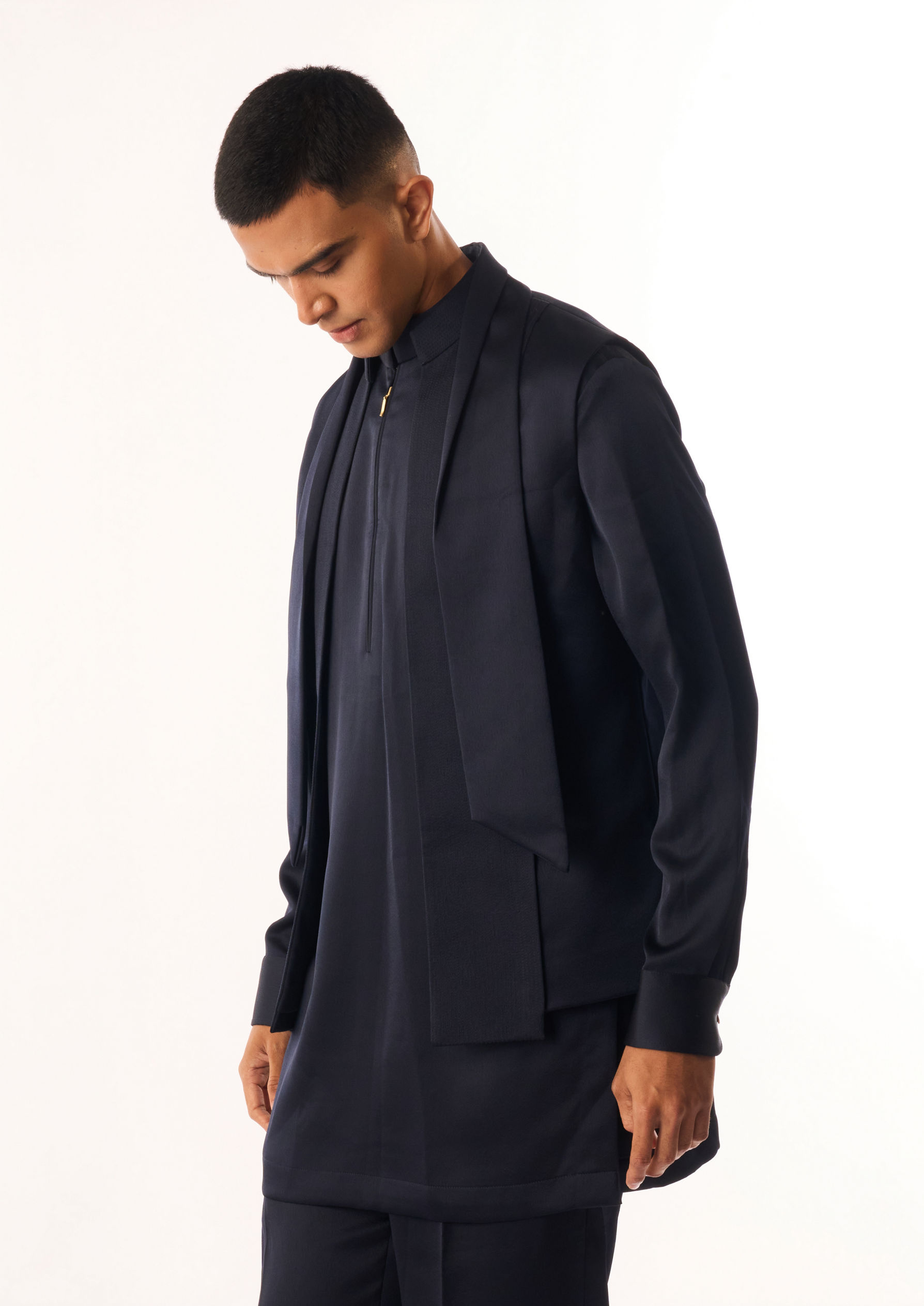 Twamev Men Dark Blue Rayon Kurta Jacket Set with Pants