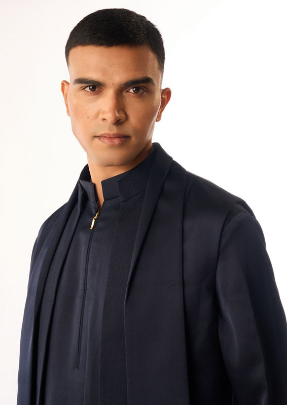 Twamev Men Dark Blue Rayon Kurta Jacket Set with Pants