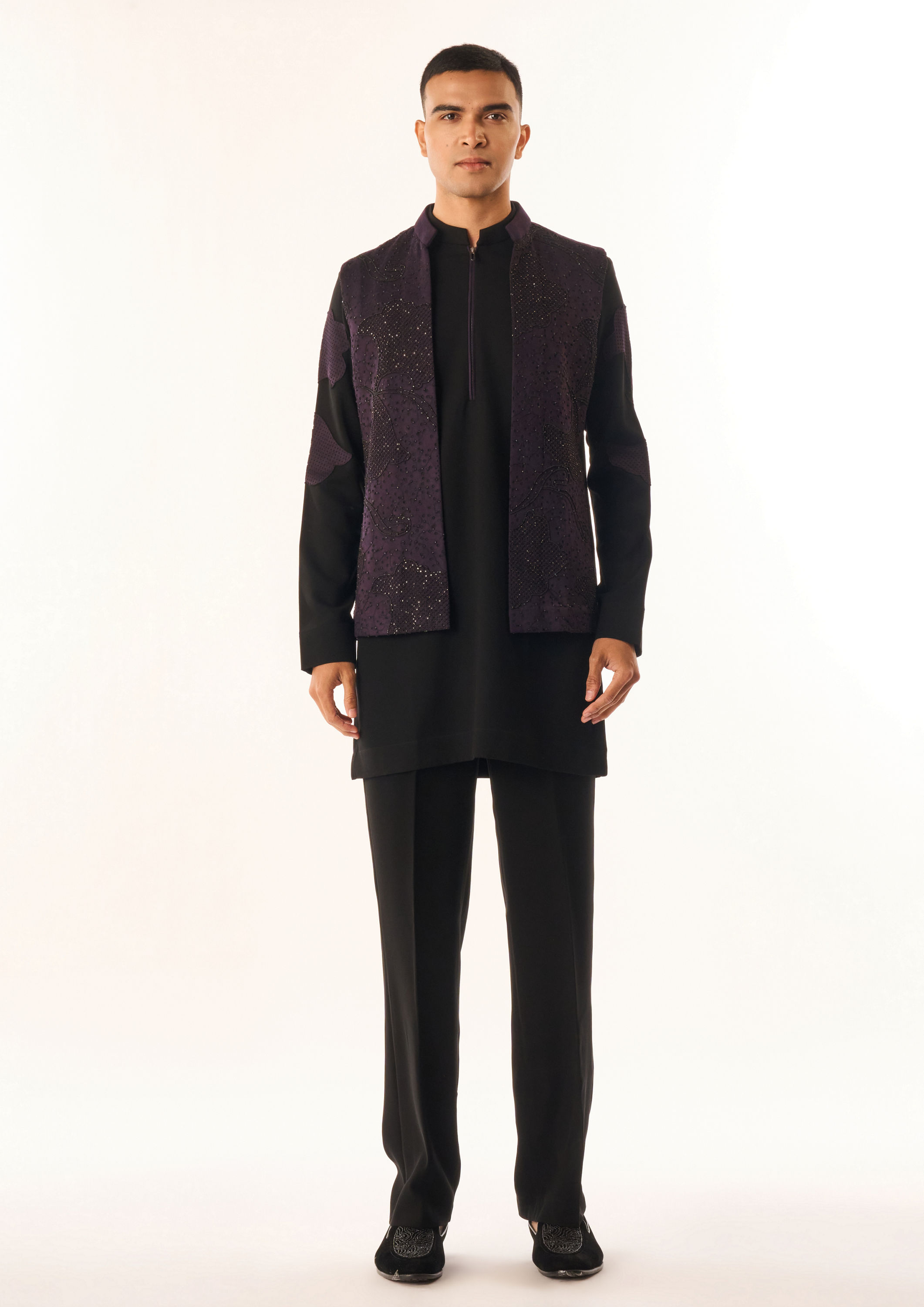 Twamev Men Black Rayon Kurta Jacket Set with Embroidery