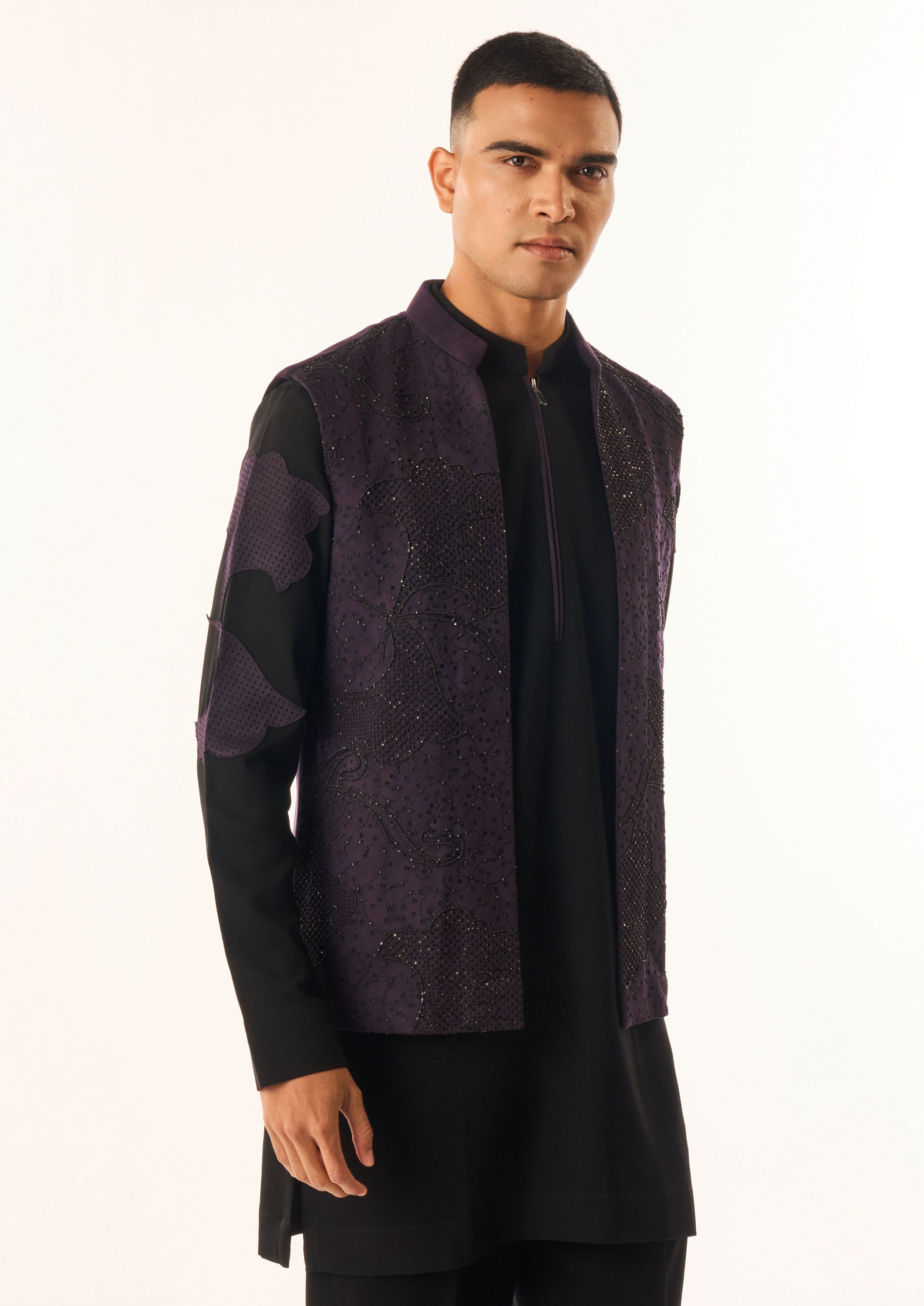 Twamev Men Black Rayon Kurta Jacket Set with Embroidery