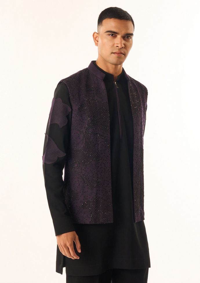 Twamev Men Black Rayon Kurta Jacket Set with Embroidery
