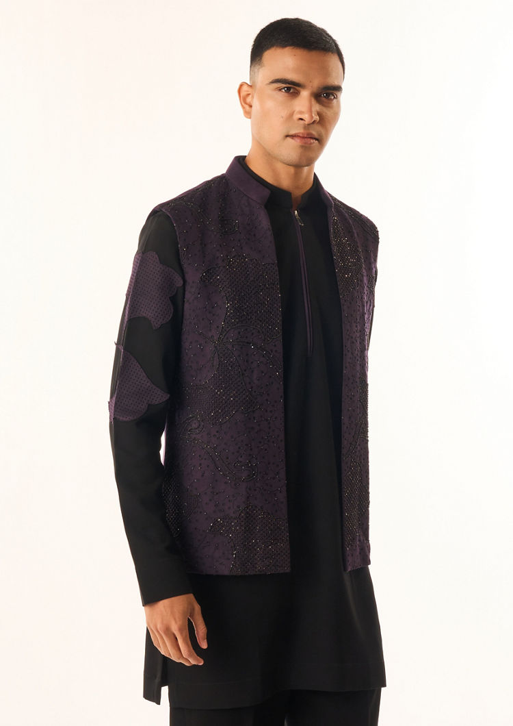 Twamev Men Black Rayon Kurta Jacket Set with Embroidery