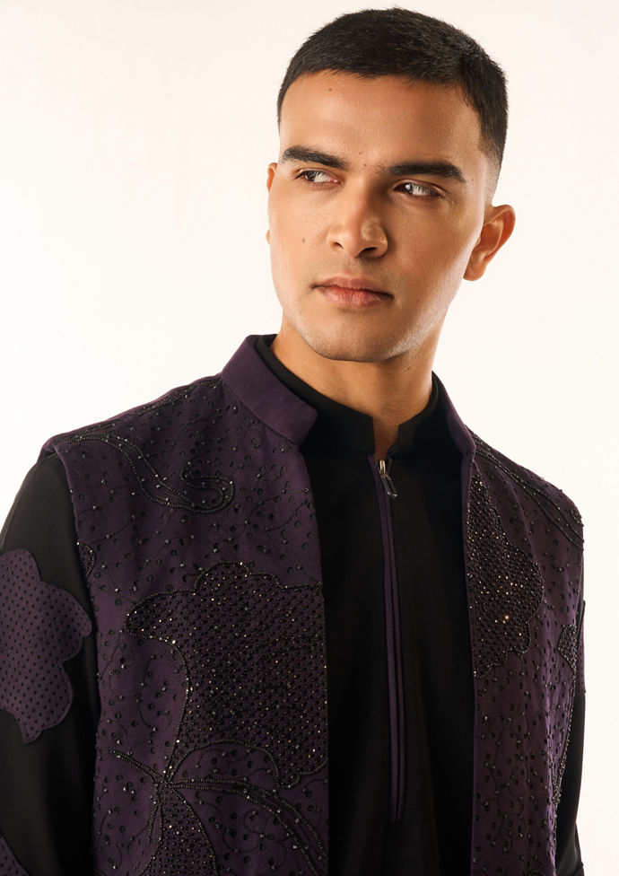 Twamev Men Black Rayon Kurta Jacket Set with Embroidery