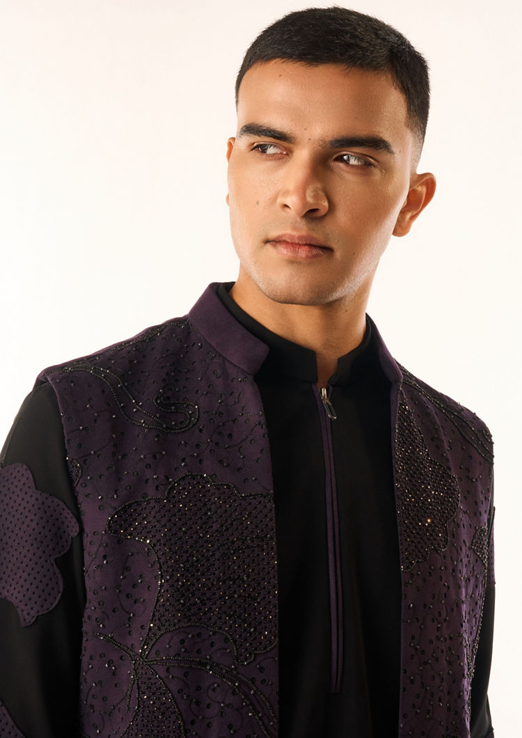 Twamev Men Black Rayon Kurta Jacket Set with Embroidery