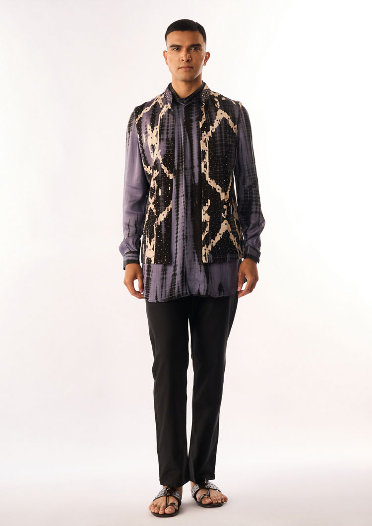 Twamev Men Purple Satin Kurta Jacket Set with Print