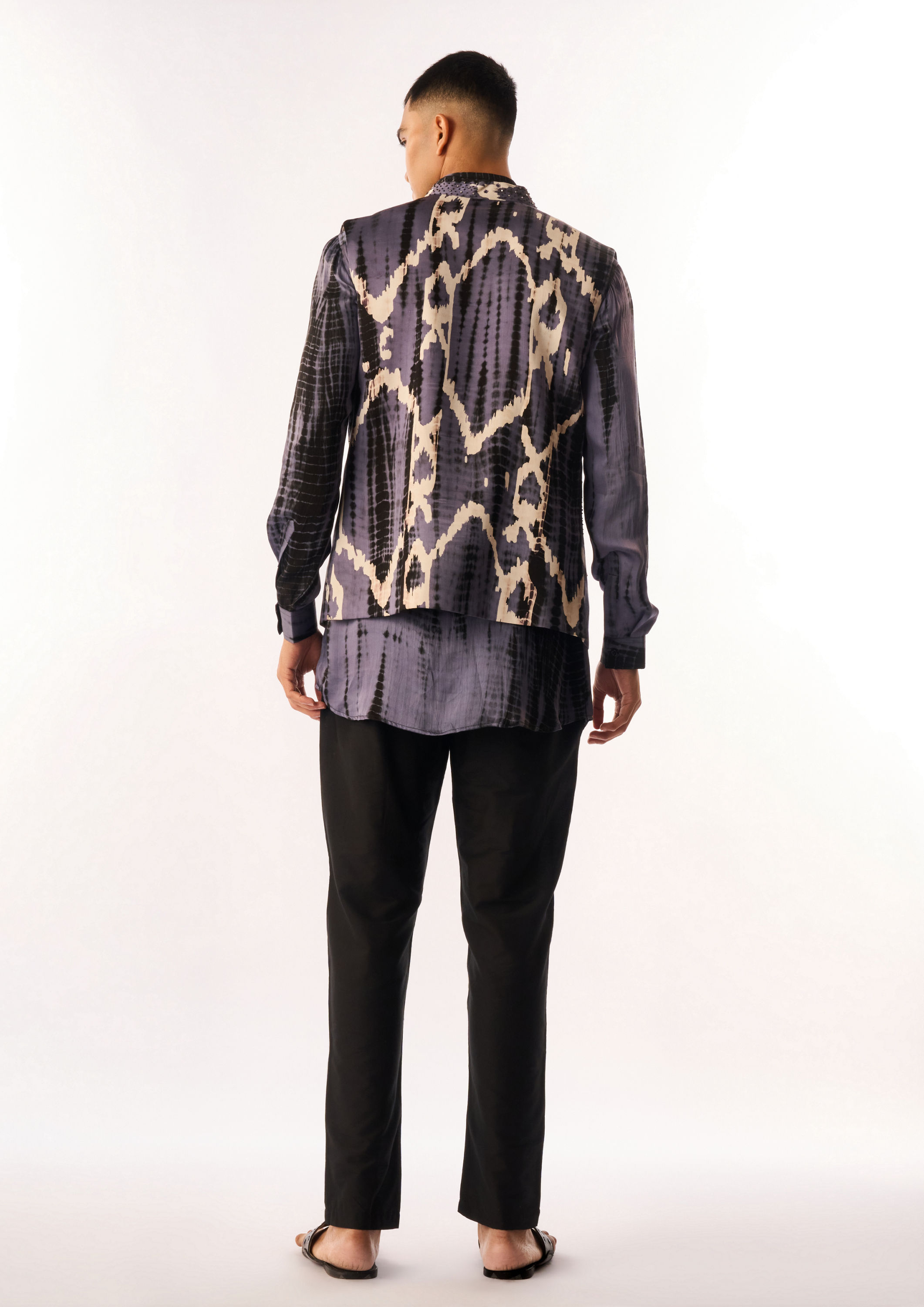 Twamev Men Purple Satin Kurta Jacket Set with Print