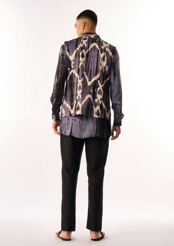 Twamev Men Purple Satin Kurta Jacket Set with Print