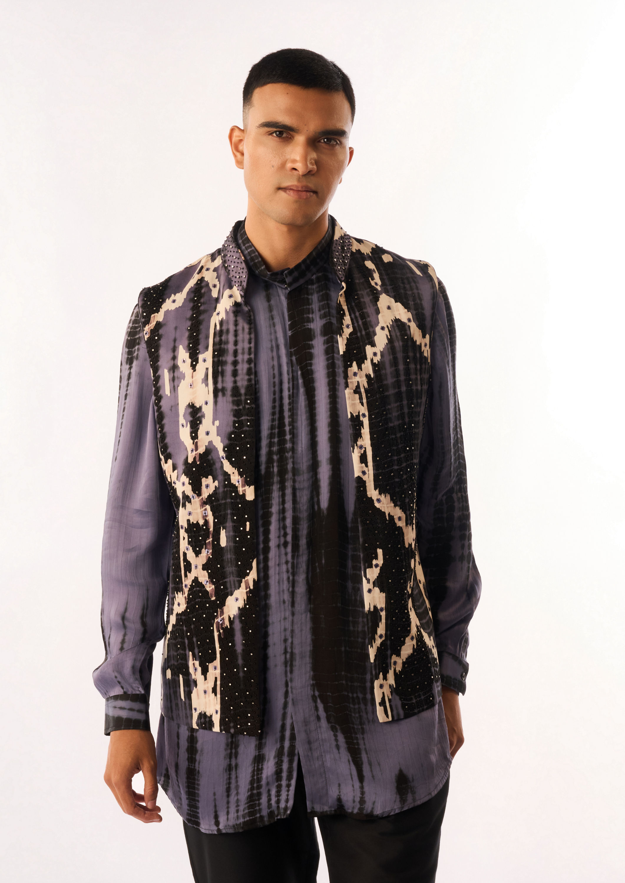 Twamev Men Purple Satin Kurta Jacket Set with Print
