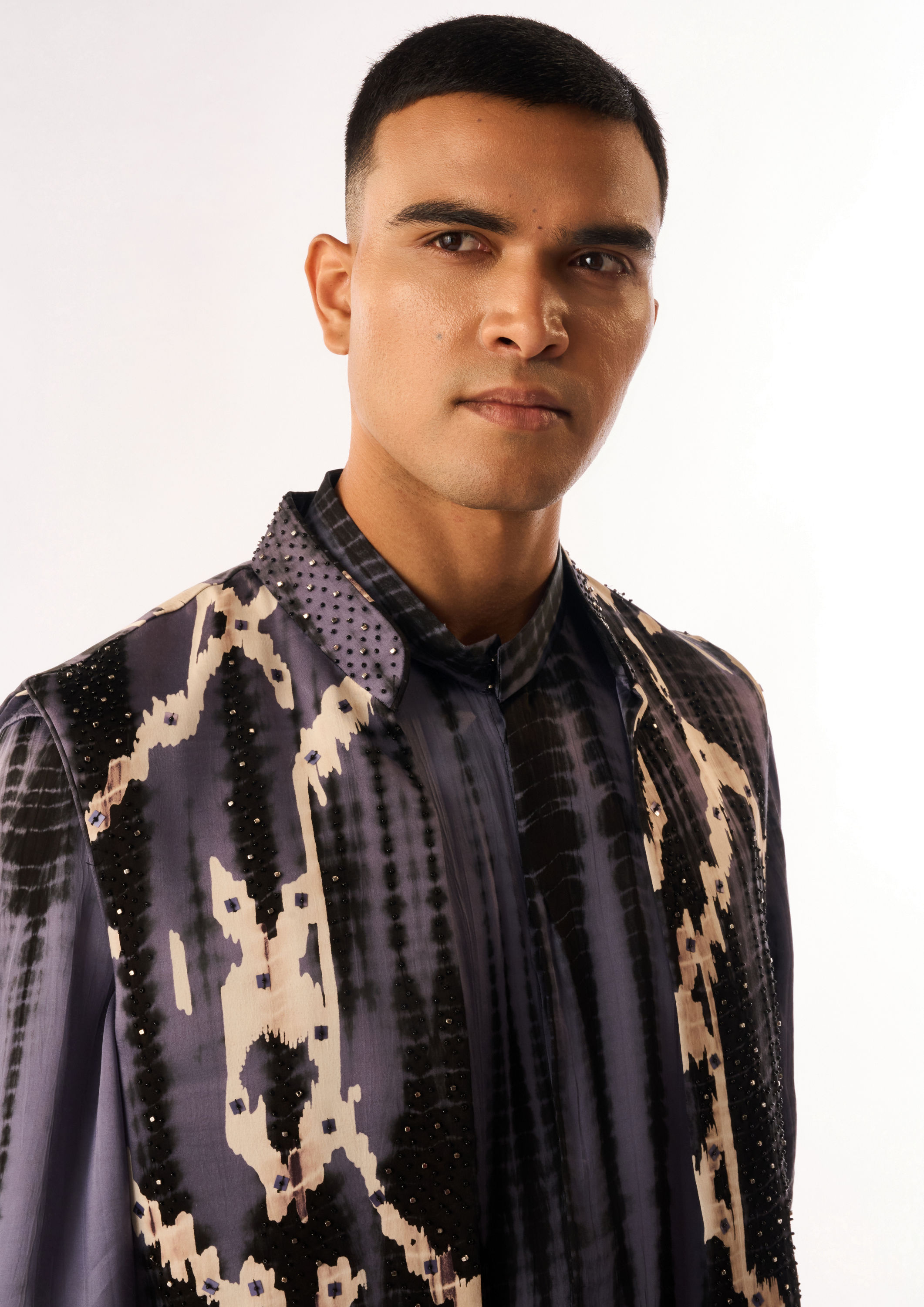 Twamev Men Purple Satin Kurta Jacket Set with Print