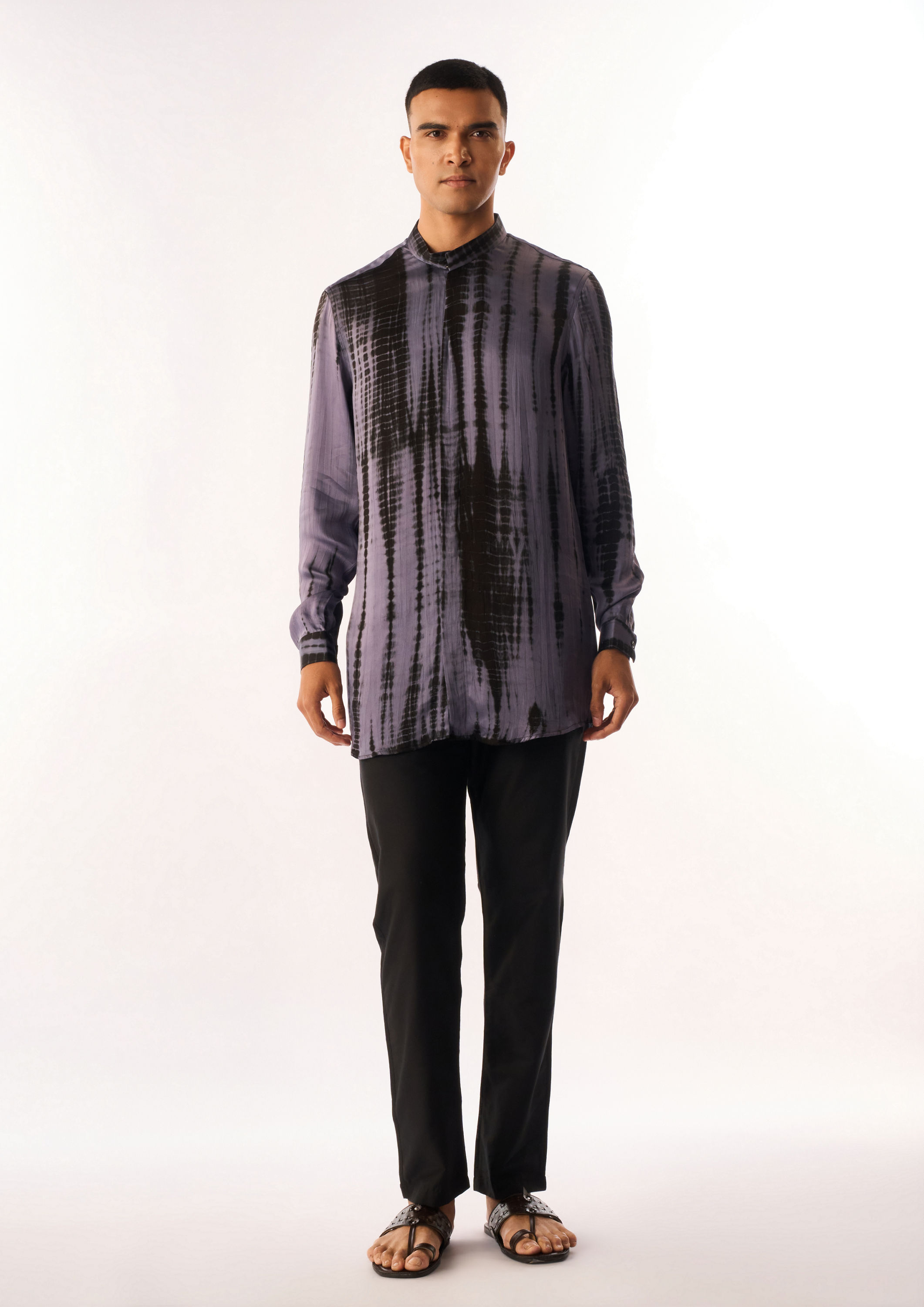 Twamev Men Purple Satin Kurta Jacket Set with Print