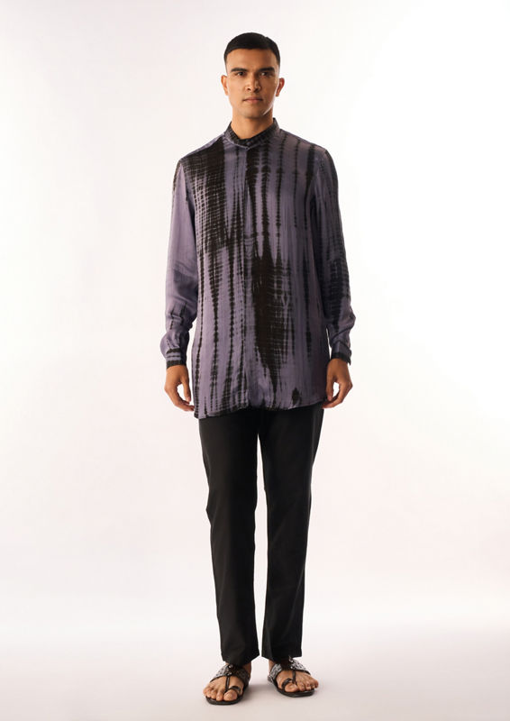Twamev Men Purple Satin Kurta Jacket Set with Print