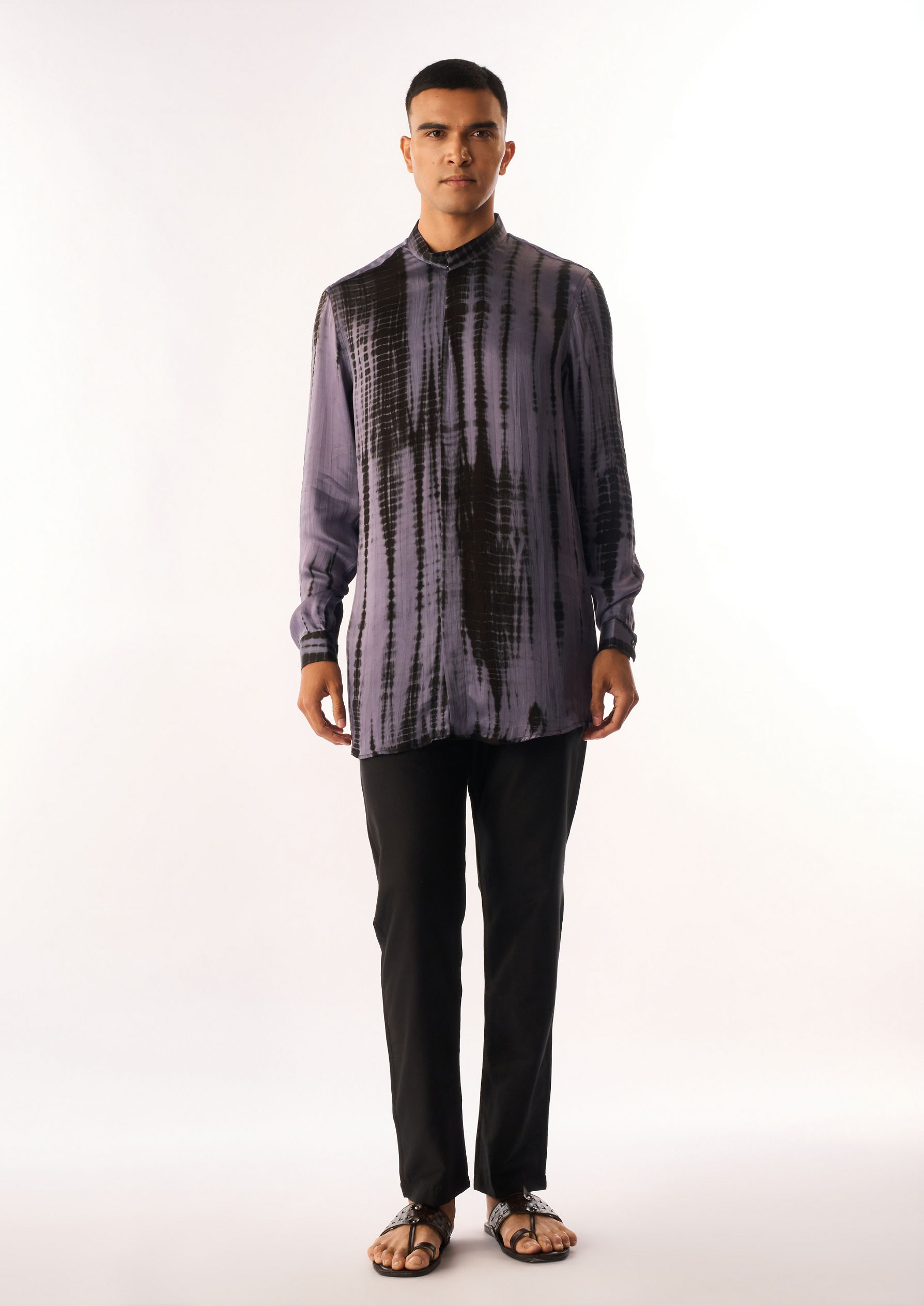 Twamev Men Purple Satin Kurta Jacket Set with Print