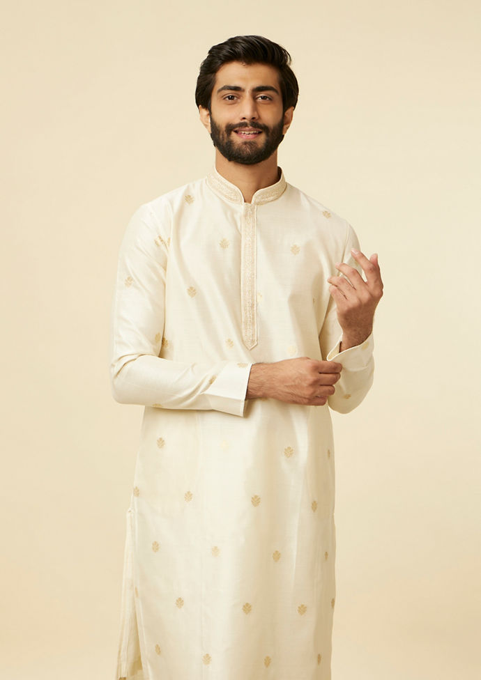 Twamev Men Ivory Silk Buta Motif Jacquard Kurta Set