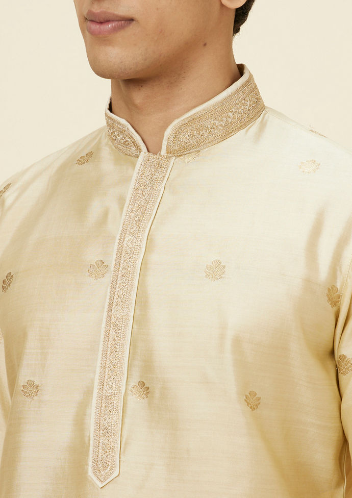 Twamev Men Golden Beige Silk Buta Motif Jacquard Kurta Set