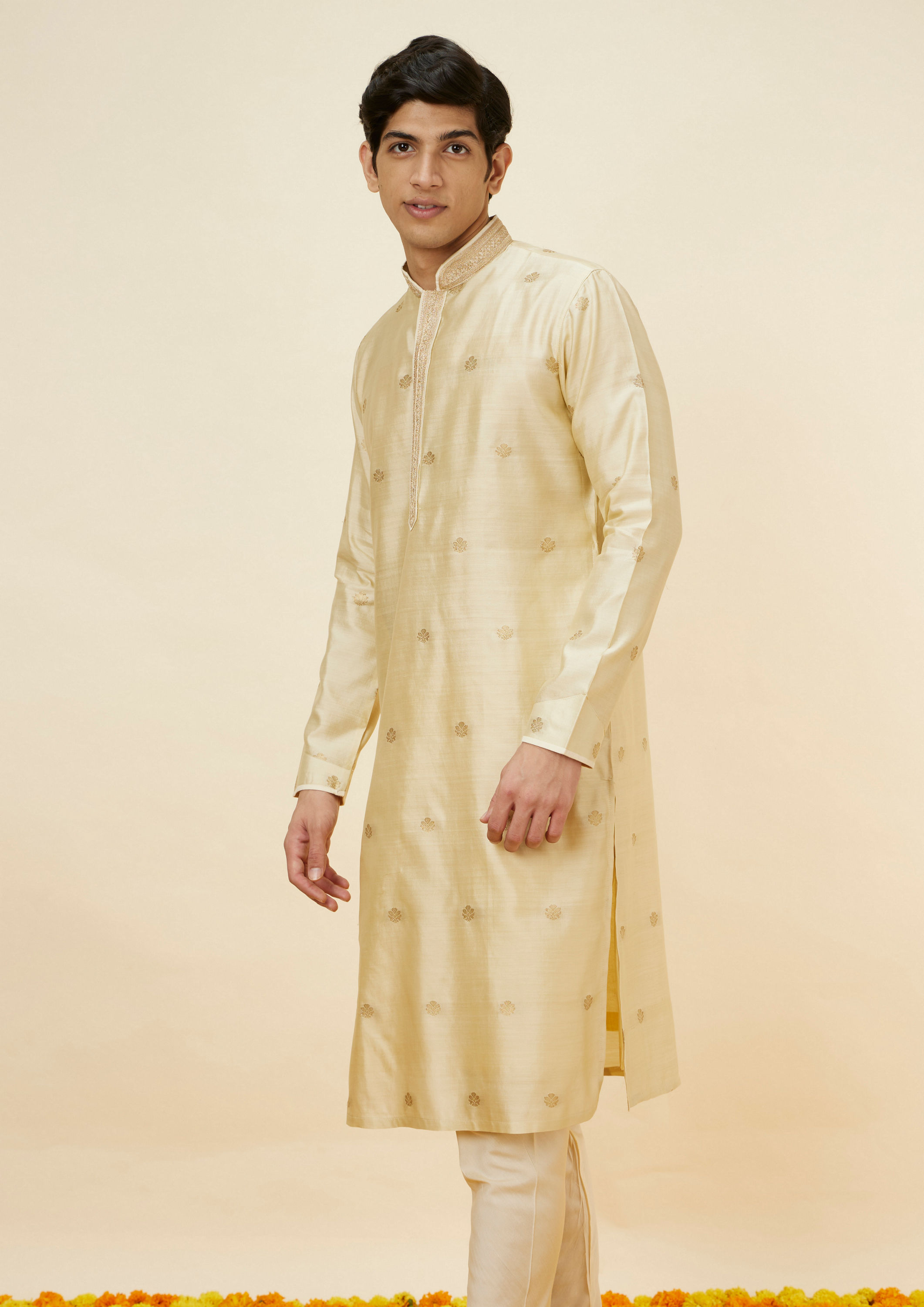 Twamev Men Golden Beige Buta Motif Kurta Set image number 0