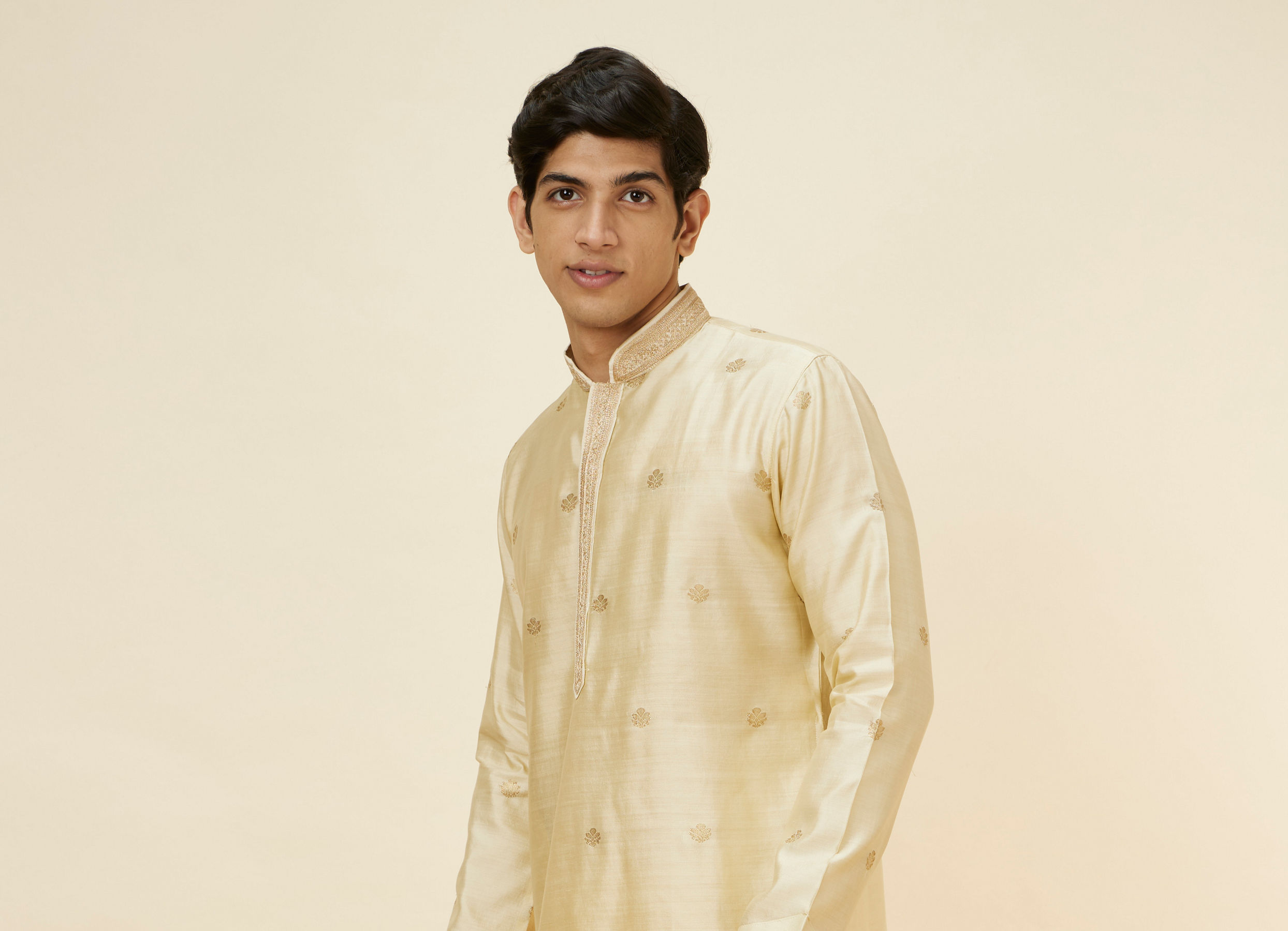 Twamev Men Golden Beige Buta Motif Kurta Set