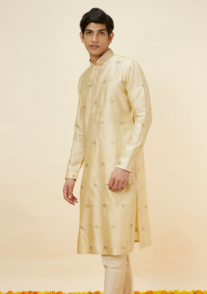 Twamev Men Golden Beige Silk Buta Motif Jacquard Kurta Set
